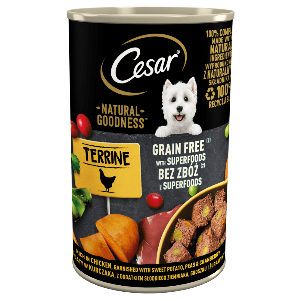 CESAR® NATURAL GOODNESS™ bogata w kurczaka, przybrana batatami, groszkiem i żurawiną 400g - 1