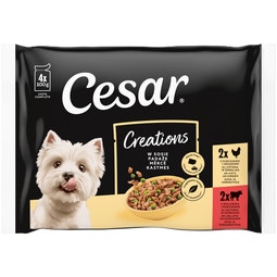 CESAR® Creations Kurczak z groszkiem i Wołowina z marchewką w sosie 4×100 g image