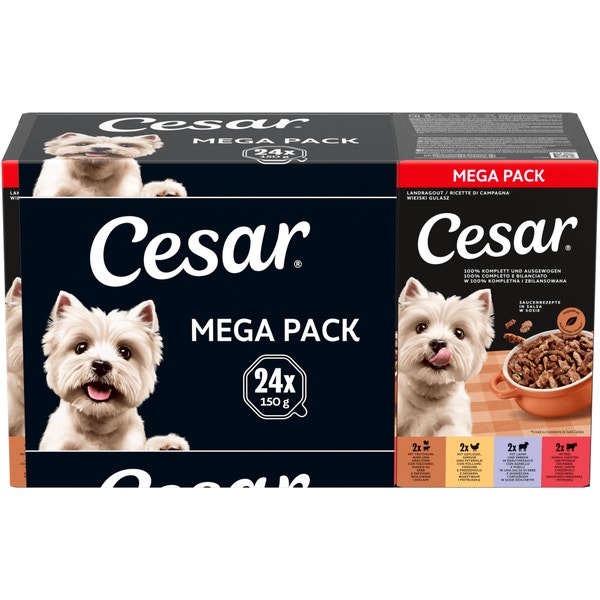 CESAR® Wiejski Gulasz Wołowina z marchewką, Jagnięcina z warzywami, Indyk i Wołowina z ziołami, Drób z warzywami w sosie  24x150 g image 1