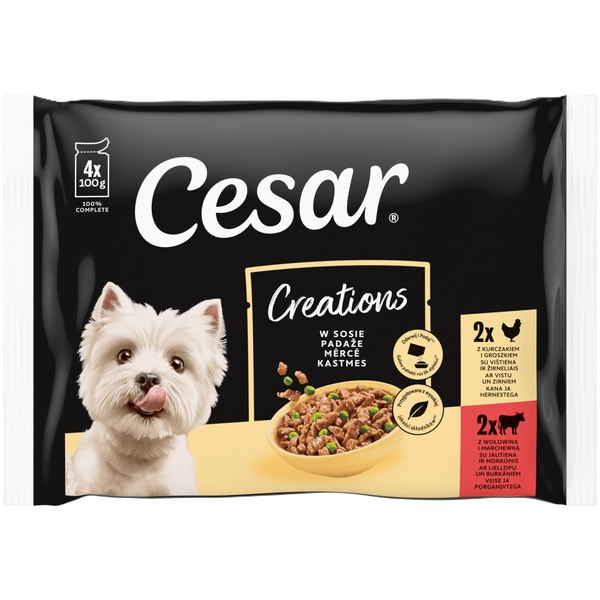 CESAR® Creations Kurczak z groszkiem i Wołowina z marchewką w sosie 4×100 g image 1