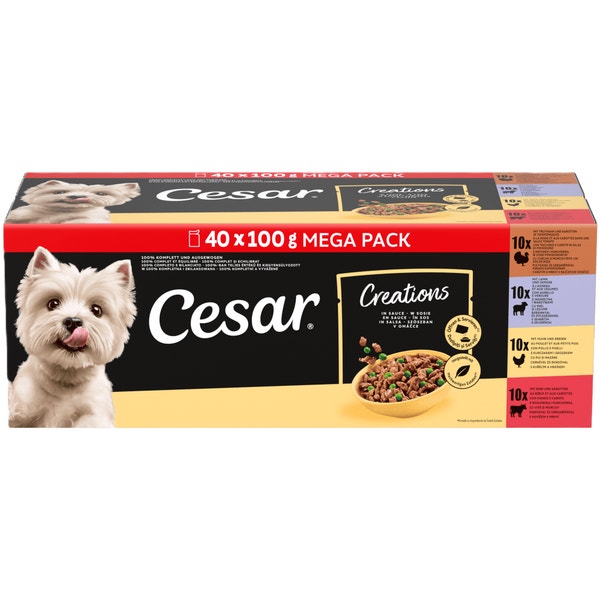 CESAR® Creations Wołowina z marchewką, Kurczak z groszkiem, Jagnięcina z warzywami i Indyk z marchewką w sosie 40×100 g image 1