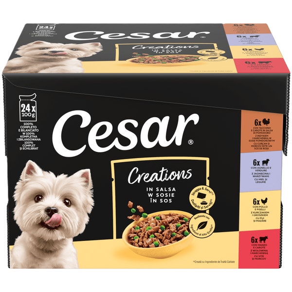 CESAR® Creations Wołowina z marchewką, Kurczak z groszkiem, Jagnięcina z warzywami i Indyk z marchewką w sosie  24×100 g image 1