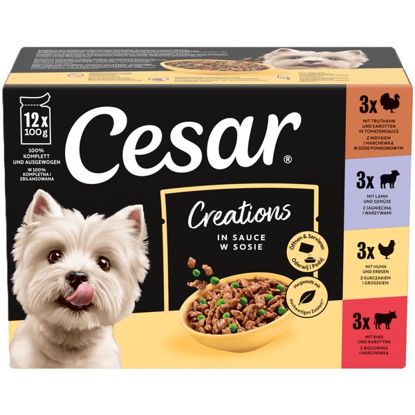 CESAR® Creations Wołowina z marchewką, Kurczak z groszkiem, Jagnięcina z warzywami i Indyk z marchewką w sosie 12×100 g image 1